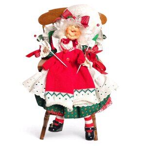 Rare Vintage Christmas Dough Face Mrs Claus Knitting in Rocker Strawberry Apron